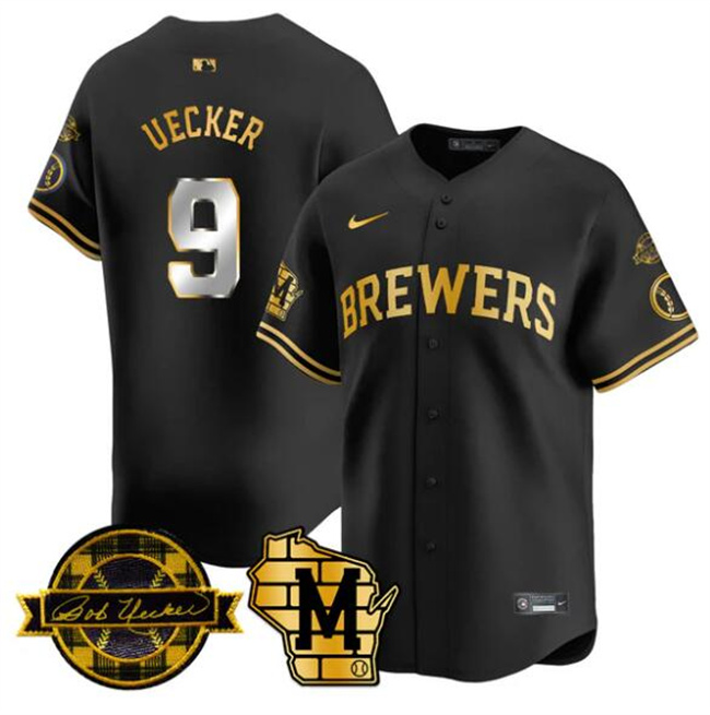Personalized Men’s Milwaukee Brewers #9 Bob Uecker Black Gold With Home & Bob Uecker Patch Limited Stitched Baseball Jersey