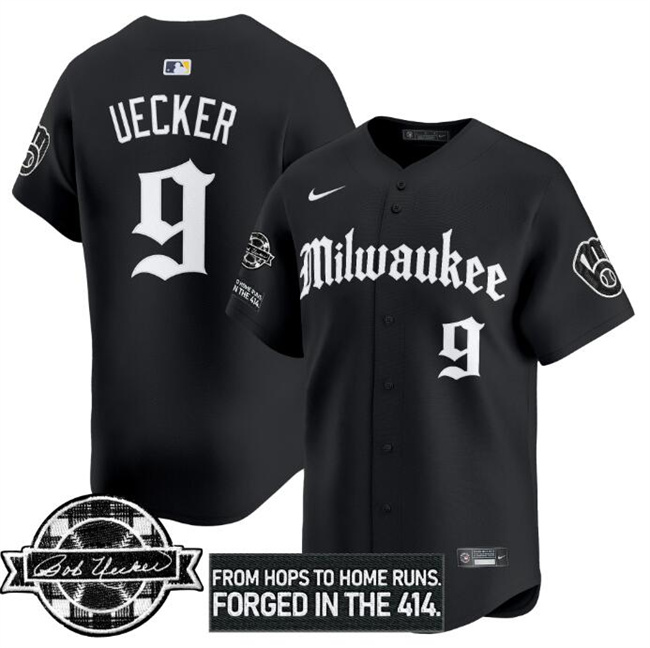 Personalized Men’s Milwaukee Brewers #9 Bob Uecker Black Gothic Edition Bob Uecker Patch Premier Limited Stitched Baseball Jersey