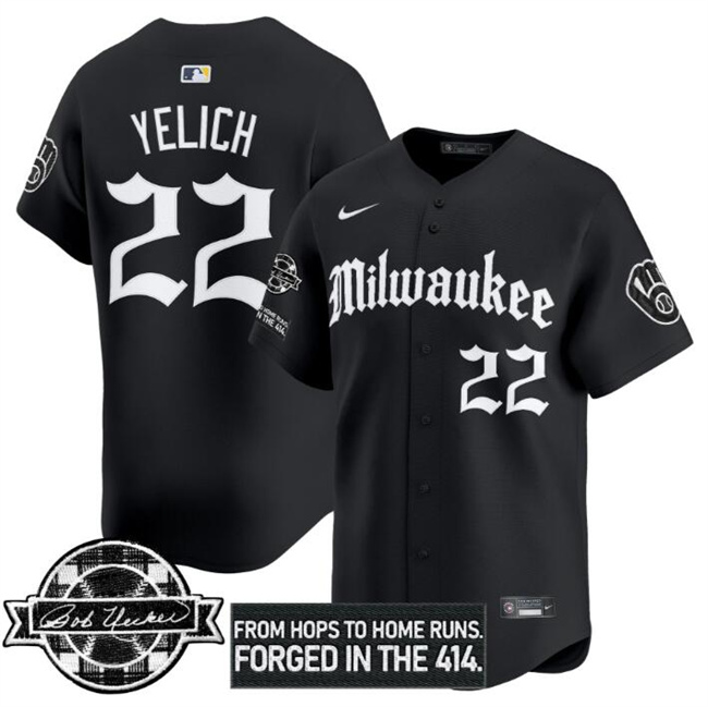 Personalized Men’s Milwaukee Brewers #22 Christian Yelich Black Gothic Edition Bob Uecker Patch Premier Limited Stitched Baseball Jersey