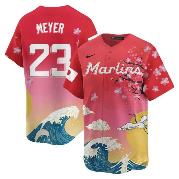 Personalized Men’s Miami Marlins #23 Max Meyer Pink Japanese Heritage Night 2025 Limited Baseball Jersey