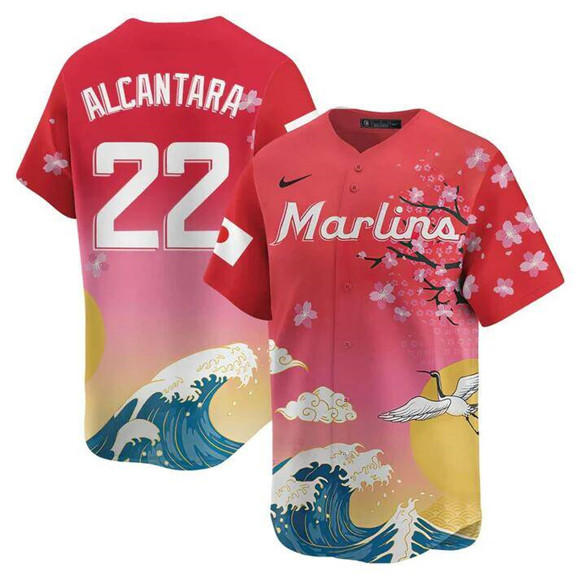 Personalized Men’s Miami Marlins #22 Sandy Alcantara Pink Japanese Heritage Night 2025 Limited Baseball Jersey