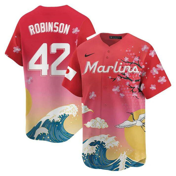 Personalized Men’s Miami Marlins #42 Jackie Robinson Pink Japanese Heritage Night 2025 Limited Baseball Jersey