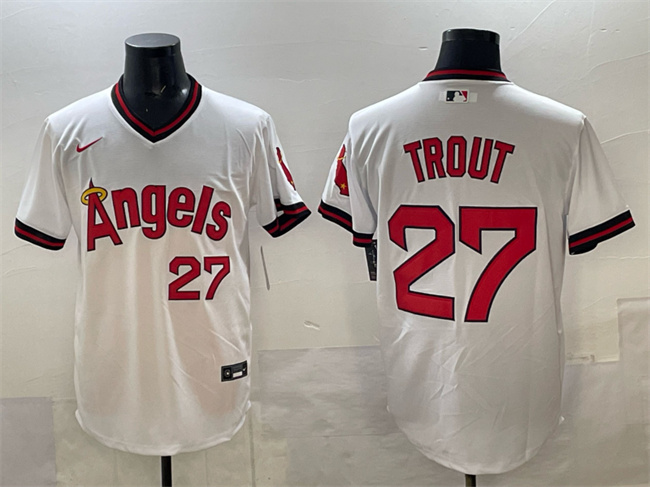 Personalized Men’s Los Angeles Angels #27 Mike Trout White Cool Base Stitched Baseball Jersey