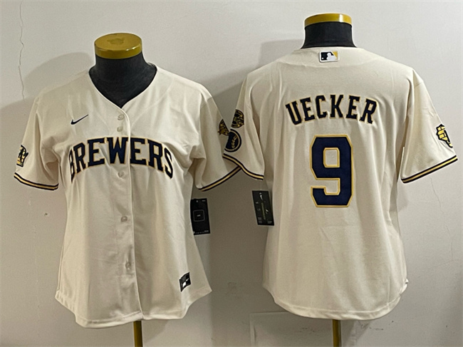 Personalized Women’s Milwaukee Brewers #9 Bob Uecker Cream With Home & Bob Uecker Patch Stitched Jersey(Run Small)
