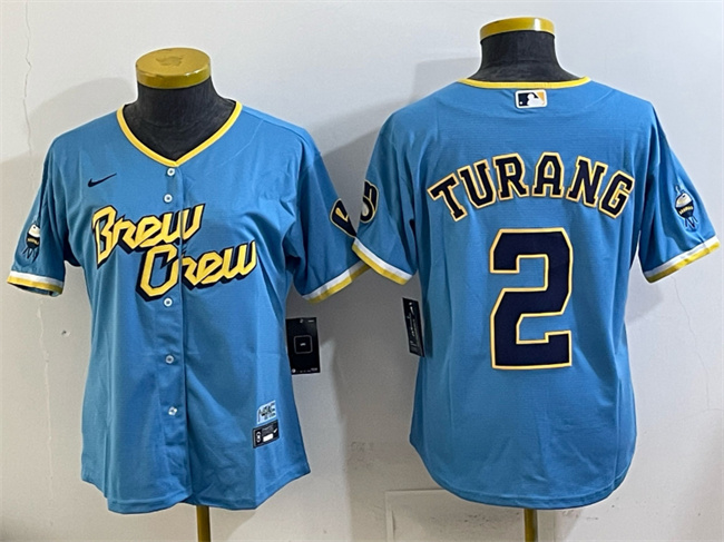 Personalized Women’s Milwaukee Brewers #2 Brice Turang Powder Blue City Connect Cool Base Stitched Jersey(Run Small)