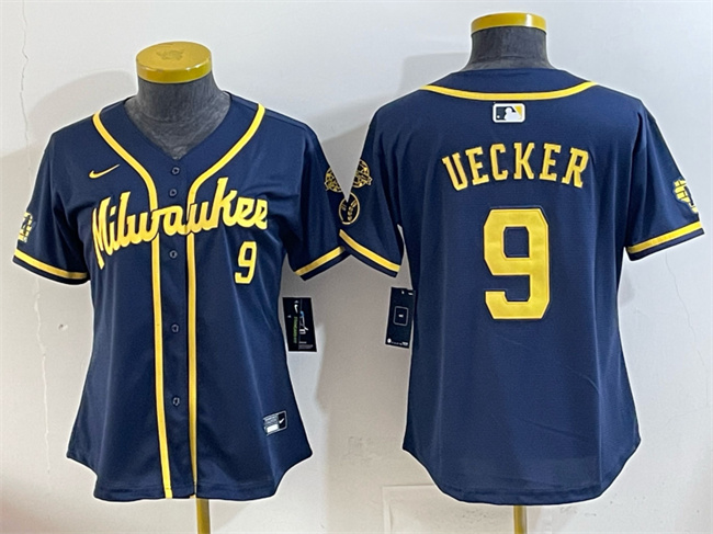 Personalized Women’s Milwaukee Brewers #9 Bob Uecker Navy With Home & Bob Uecker Patch Limited Stitched Jersey(Run Small)