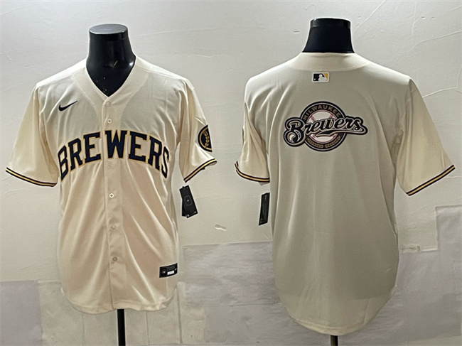 Personalized Men’s Milwaukee Brewers Team Big Logo Cream Home Limited Stitched Jersey