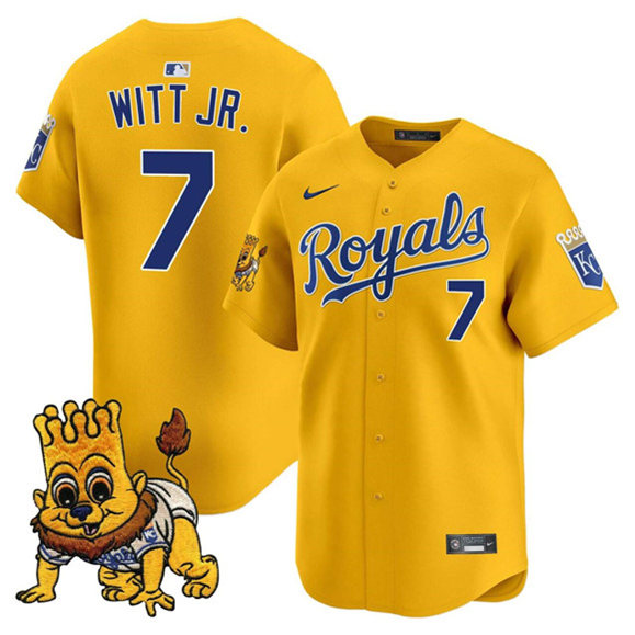 Personalized Men’s Kansas City Royals #7 Bobby Witt Jr. Gold Sluggerrr Patch Limited Stitched Baseball Jersey