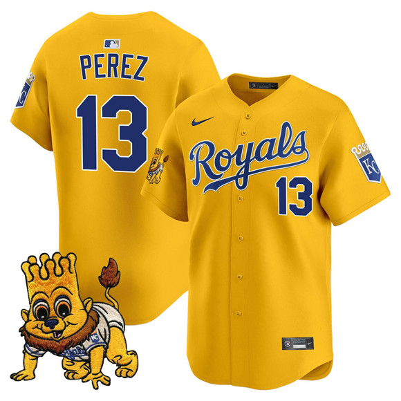 Personalized Men’s Kansas City Royals #13 Salvador Perez Gold Sluggerrr Patch Limited Stitched Baseball Jersey