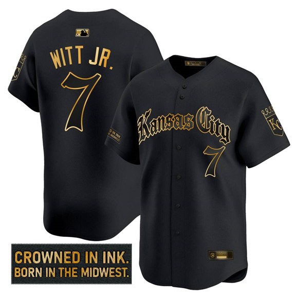 Personalized Men’s Kansas City Royals #7 Bobby Witt Jr. ‘Gothic Crown Edition’ Gold Limited Stitched Baseball Jersey
