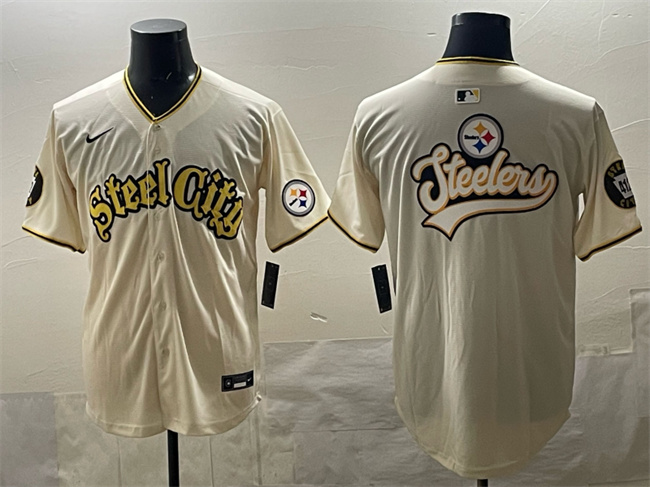 Personalized Men’s Pittsburgh Steelers Team Big Logo Cream 412 Patch Premier Limited Stitched Baseball Jersey