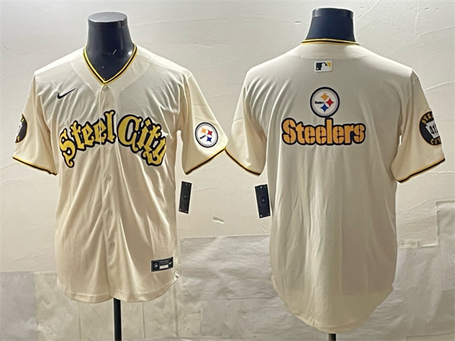 Personalized Men’s Pittsburgh Steelers Team Big Logo Cream 412 Patch Premier Limited Stitched Baseball Jersey