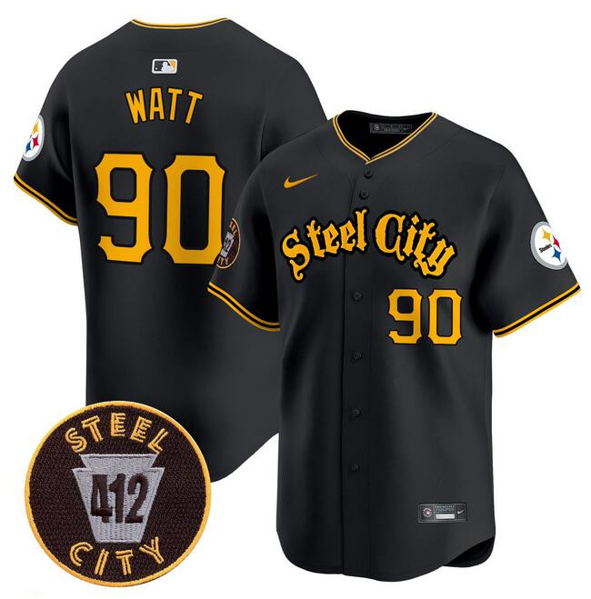 Personalized Men’s Pittsburgh Steelers #90 T.J. Watt Black 412 Patch Premier Limited Stitched Baseball Jersey