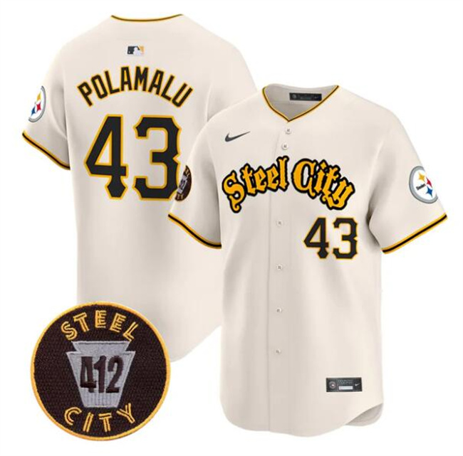 Personalized Men’s Pittsburgh Steelers #43 Troy Polamalu Cream 412 Patch Premier Limited Stitched Baseball Jersey