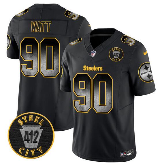 Personalized Men’s Pittsburgh Steelers #90 T.J. Watt Black F.U.S.E. Arch Smoke 412 Patch Limited Stitched Football Jersey