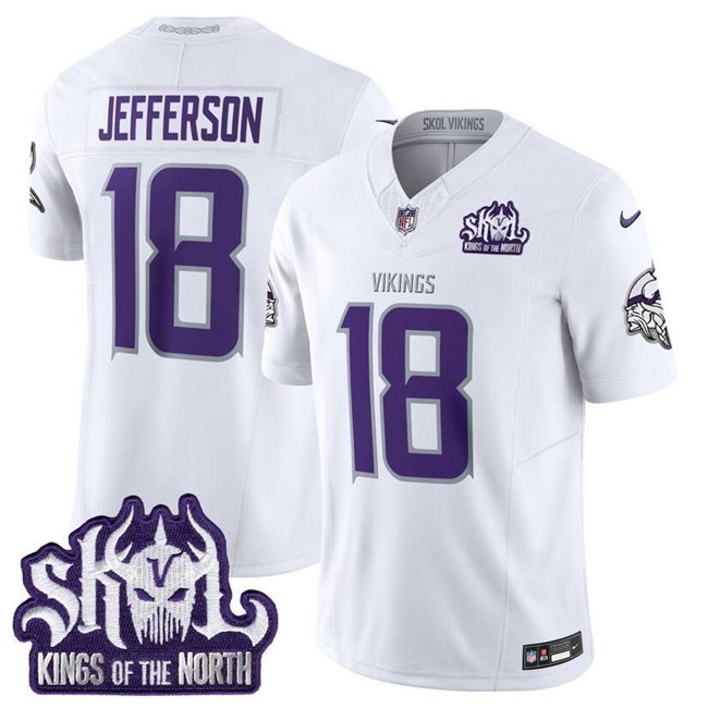 Personalized Men’s Minnesota Vikings #18 Justin Jefferson White 2025 F.U.S.E. Winter Warrior Skol Patch Limited Stitched Football Jersey