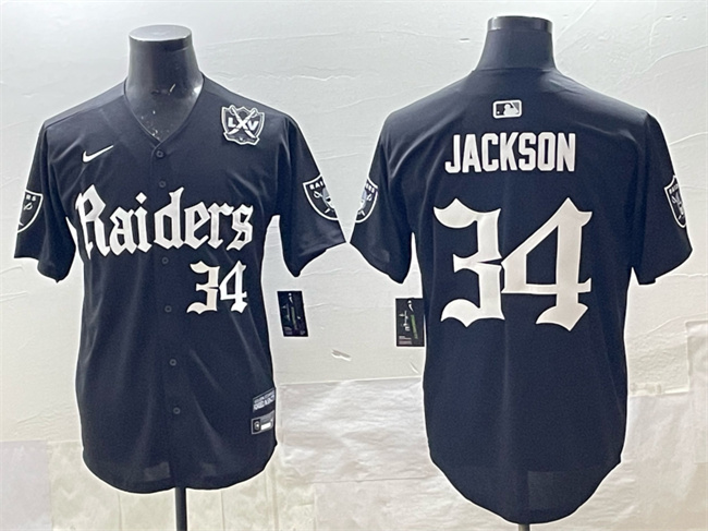 Personalized Men’s Las Vegas Raiders #34 Bo Jackson Black ‘Gothic Sin City Shadows Edition’ With 65th Anniversary Patch Limited Stitched Baseball Jersey