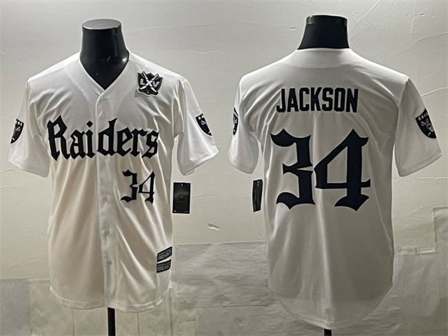 Personalized Men’s Las Vegas Raiders #34 Bo Jackson White ‘Gothic Sin City Shadows Edition’ With 65th Anniversary Patch Limited Stitched Baseball Jersey