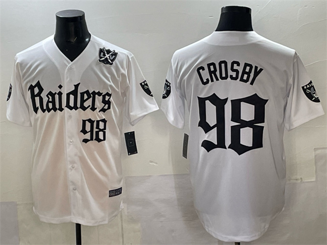 Personalized Men’s Las Vegas Raiders #98 Maxx Crosby White ‘Gothic Sin City Shadows Edition’ With 65th Anniversary Patch Limited Stitched Baseball Jersey