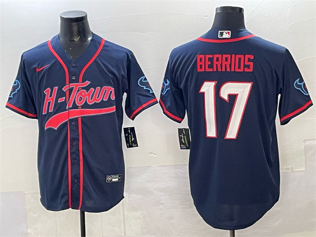 Personalized Men’s Houston Texans #17 Braxton Berrios Navy With Patch Cool Base Stitched Baseball Jersey