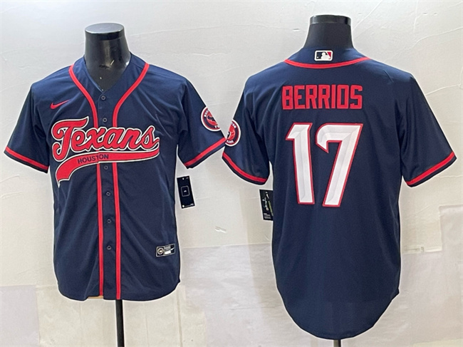 Personalized Men’s Houston Texans #17 Braxton Berrios Navy With Patch Cool Base Stitched Baseball Jersey