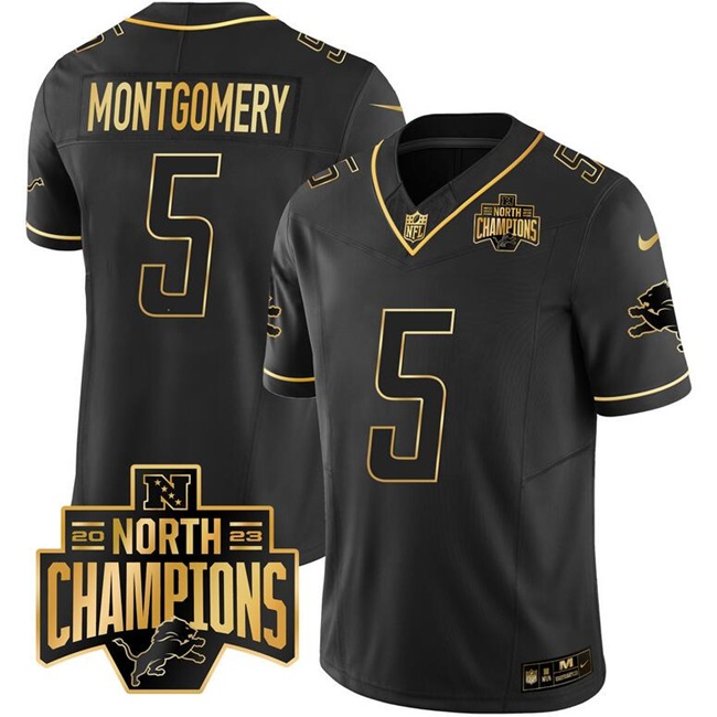 Personalized Men’s Detroit Lions #5 David Montgomery Black Gold F.U.S.E. 2023 NFC North Division Champions Patch Limited Stitched Football Jersey