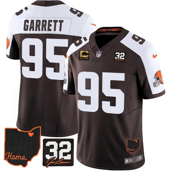 Personalized Men’s Cleveland Browns #95 Myles Garrett Brown Alternate 2025 F.U.S.E. 4-Star C Patch With Jim Brown Memorial & Home Patch Limited Stitched Football Jersey
