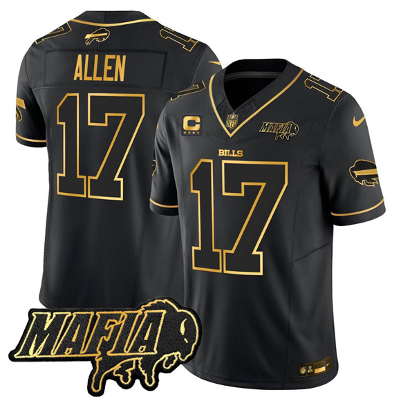 Personalized Men’s Buffalo Bills #17 Josh Allen Black Gold 2025 F.U.S.E. With Bills Mafia Patch & 4-Star C Patch Limited Stitched Football vJersey com