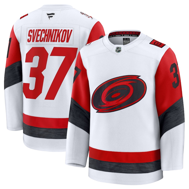 Personalized Men’s Carolina Hurricanes #37 Andrei Svechnikov White 2025 Away Stitched Hockey Jersey