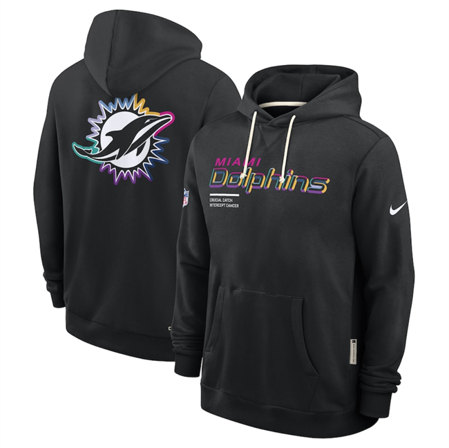 Personalized Men’s Miami Dolphins Black 2025 Crucial Catch Club Pullover Hoodie