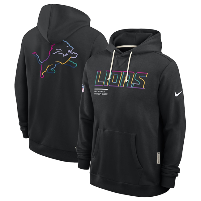 Personalized Men’s Detroit Lions Black 2025 Crucial Catch Club Pullover Hoodie