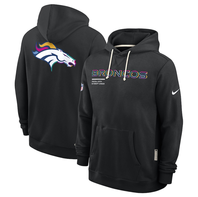Personalized Men’s Denver Broncos Black 2025 Crucial Catch Club Pullover Hoodie