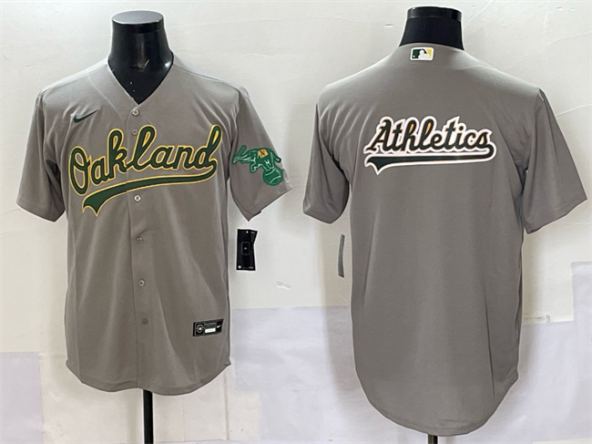 Personalized Men’s Oakland Athletics Team Big Logo Grey Cool Base Stitched Baseball Jersey
