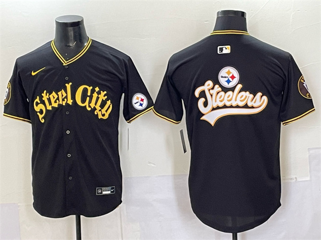 Personalized Men’s Pittsburgh Steelers Team Big Logo Black 412 Patch Premier Limited Stitched Baseball Jersey
