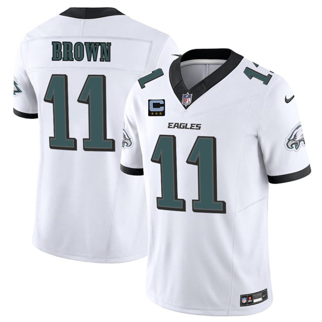 Personalized Men’s Philadelphia Eagles #11 A.J. Brown White 2025 F.U.S.E. With 3-Star C Patch Untouchable Limited Stitched Football Jersey
