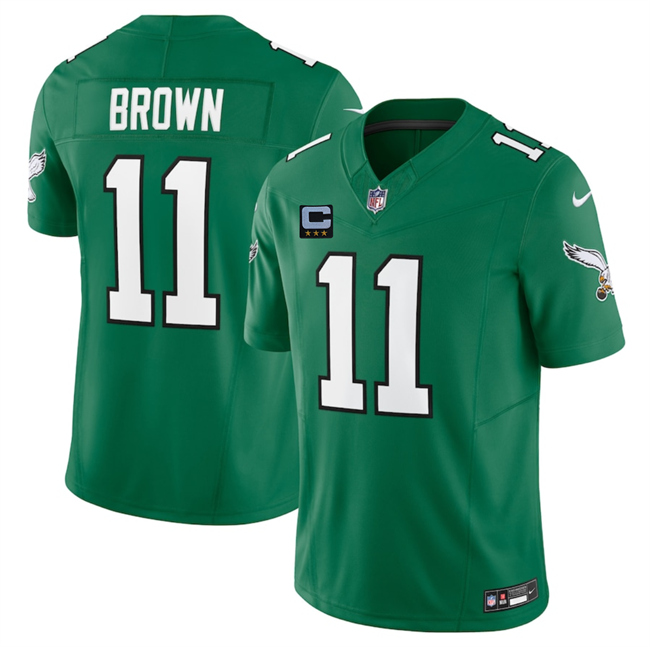 Personalized Men’s Philadelphia Eagles #11 A.J. Brown Kelly Green 2025 F.U.S.E. With 3-Star C Patch Untouchable Limited Throwback Stitched Football Jersey