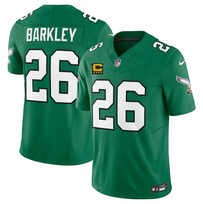 Personalized Men’s Philadelphia Eagles #26 Saquon Barkley Kelly Green 2025 F.U.S.E. With 4-Star C Patch Untouchable Limited Throwback Stitched Football Jersey