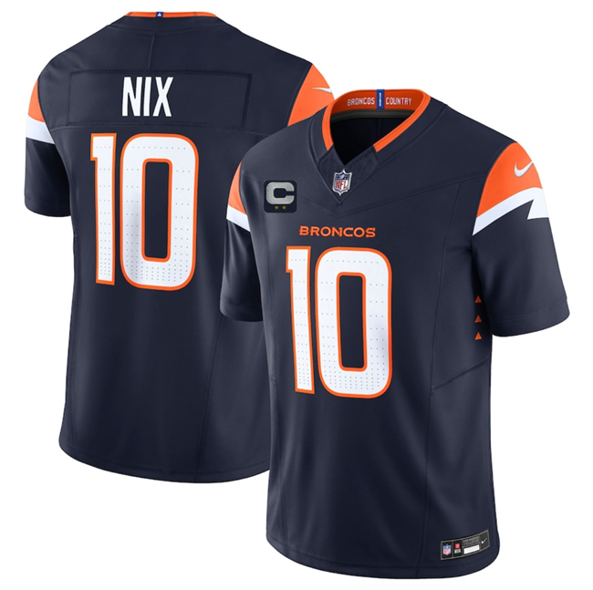 Personalized Men’s Denver Broncos #10 Bo Nix Navy 2025 F.U.S.E. With 2-Star C Patch Limited Stitched Football Jersey