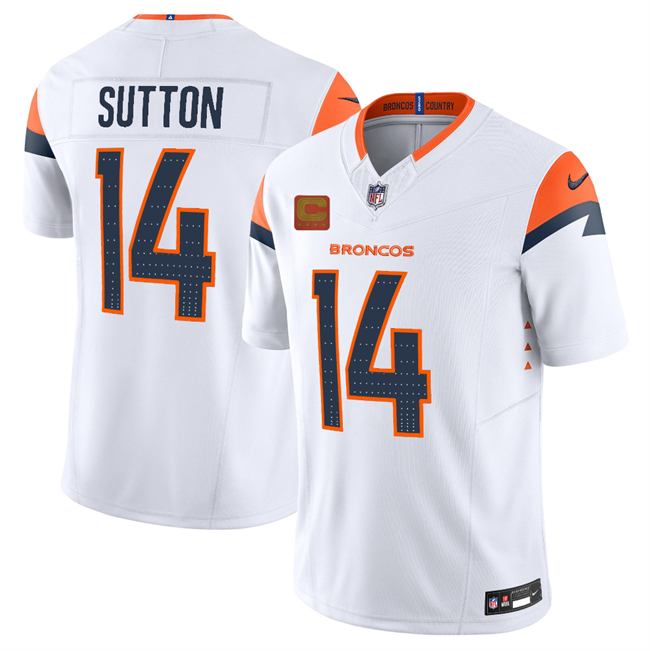 Personalized Men’s Denver Broncos #14 Courtland Sutton White 2025 F.U.S.E. With 4-Star C Patch Limited Stitched Football Jersey