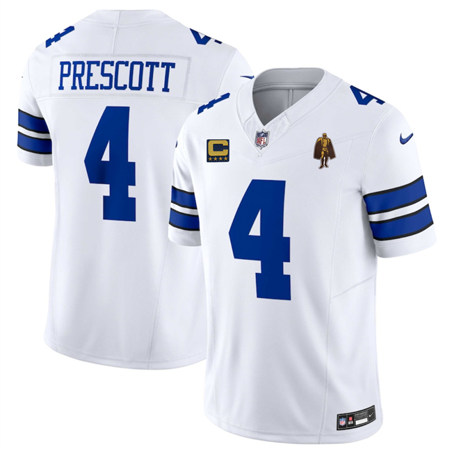 Personalized Men’s Dallas Cowboys #4 Dak Prescott White 2025 F.U.S.E. With 4-star C Patch And Walter Payton Patch Limited Stitched Football Jersey