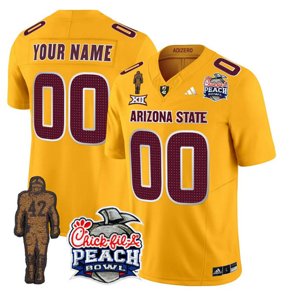 Personalized Men’s Arizona State Sun Devils Active Player Gold 2025 F.U.S.E. Pat Tillman & Peach Bowl Patch Limited Stitched Jersey