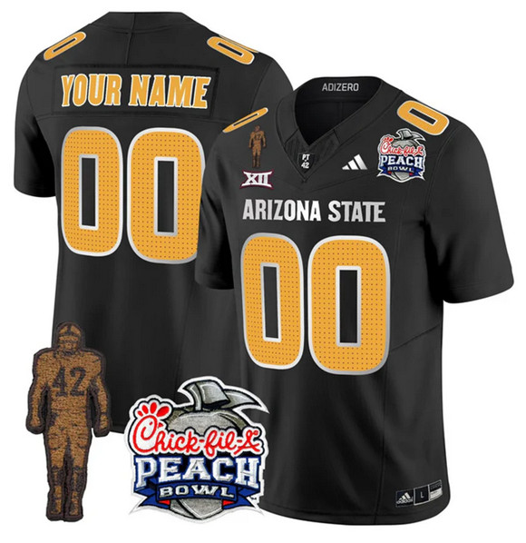 Personalized Men’s Arizona State Sun Devils Active Player Black 2025 F.U.S.E. Pat Tillman & Peach Bowl Patch Limited Stitched Jersey
