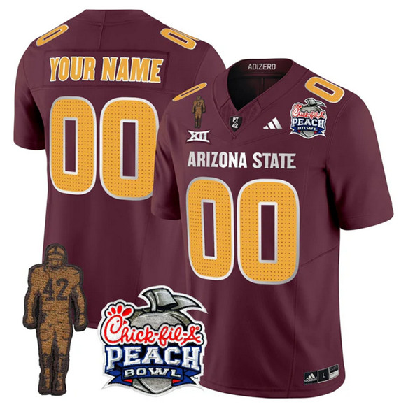 Personalized Men’s Arizona State Sun Devils Active Player Maroon 2025 F.U.S.E. Pat Tillman & Peach Bowl Patch Limited Stitched Jersey