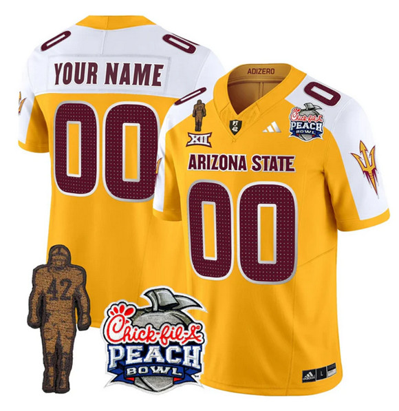 Personalized Men’s Arizona State Sun Devils Active Player Gold White 2025 F.U.S.E. Pat Tillman & Peach Bowl Patch Limited Stitched Jersey