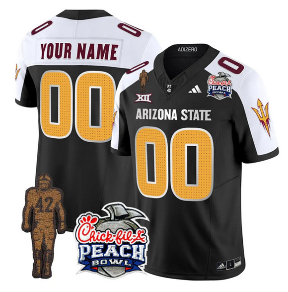 Personalized Men’s Arizona State Sun Devils Active Player Black White 2025 F.U.S.E. Pat Tillman & Peach Bowl Patch Limited Stitched Jersey
