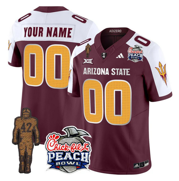Personalized Men’s Arizona State Sun Devils Active Player Maroon White 2025 F.U.S.E. Pat Tillman & Peach Bowl Patch Limited Stitched Jersey