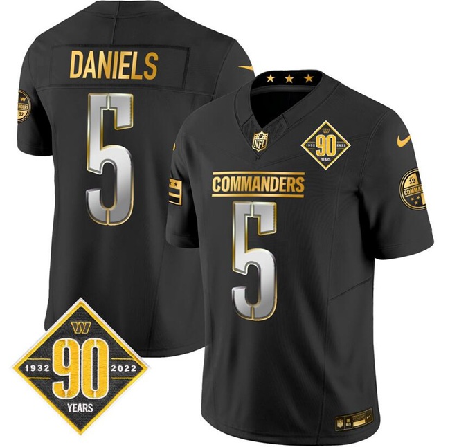 Personalized Men’s Washington Commanders #5 Jayden Daniels Black Gold F.U.S.E. 90th Anniversary Limited Stitched Football Jersey