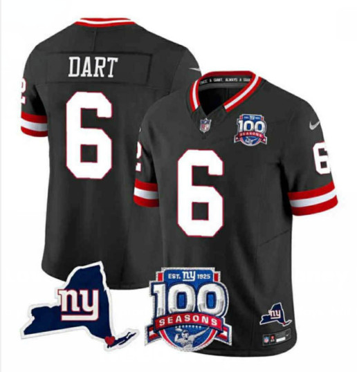 Personalized Men’s New York Giants #6 Jaxson Dart Black 2025 Draft F.U.S.E. 100th Season & State Patch Limited Stitched Football Jersey