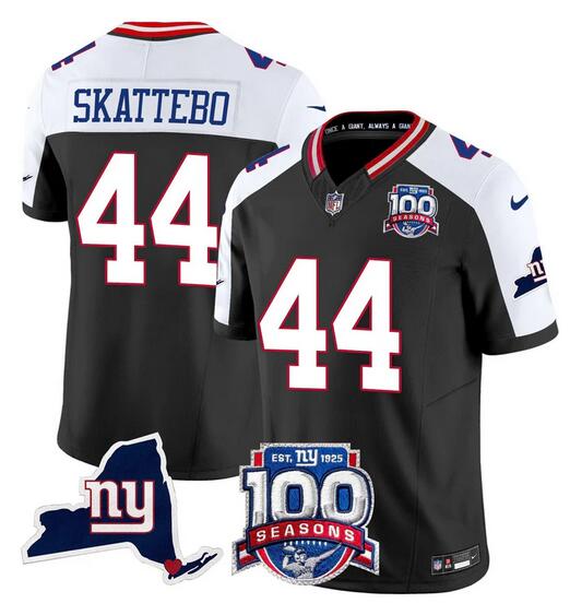Personalized Men’s New York Giants #44 Cam Skattebo Black White 2025 Draft F.U.S.E. 100th Season & State Patch Limited Stitched Football Jersey