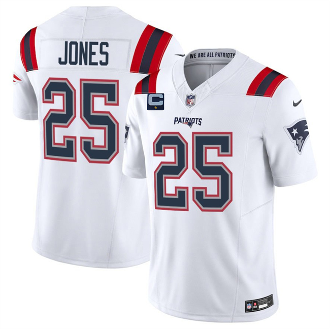 Personalized Men’s New England Patriots #25 Marcus Jones White 2025 F.U.S.E. With 1-Star C Patch Limited Stitched Football Jersey